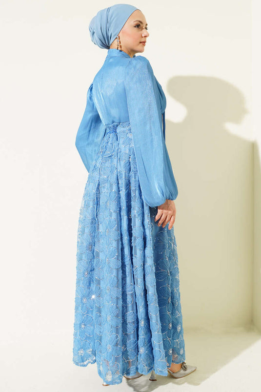 Balonärmel Perlenblumen Festkleid Indigo