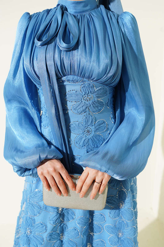 Balonärmel Perlenblumen Festkleid Indigo