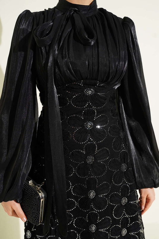 بالون كول فستان سهرة مزين بالزهور أسود