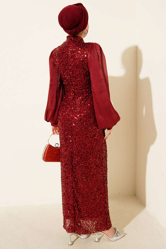 Robe de soirée bordeaux à sequins et manches ballons