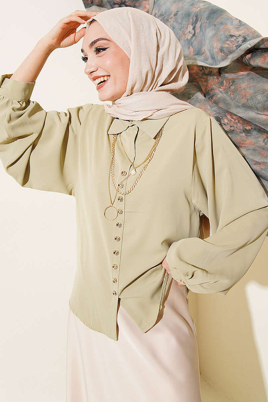 Balon Mouw Losse Korte Blouse Olijfgroen