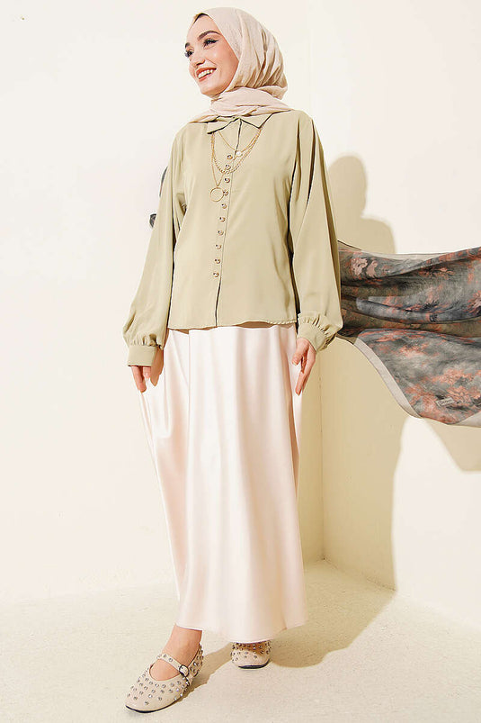 Balon Mouw Losse Korte Blouse Olijfgroen