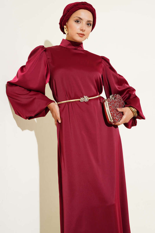 Balon Kol Saten Abiye Bordo