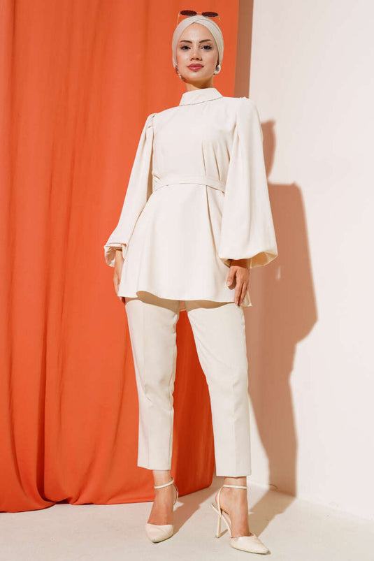 Balloon Sleeve Satin Tunic Beige