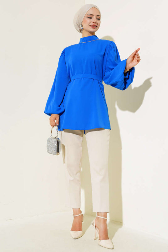 Balloon Sleeve Satin Tunic Royal Blue