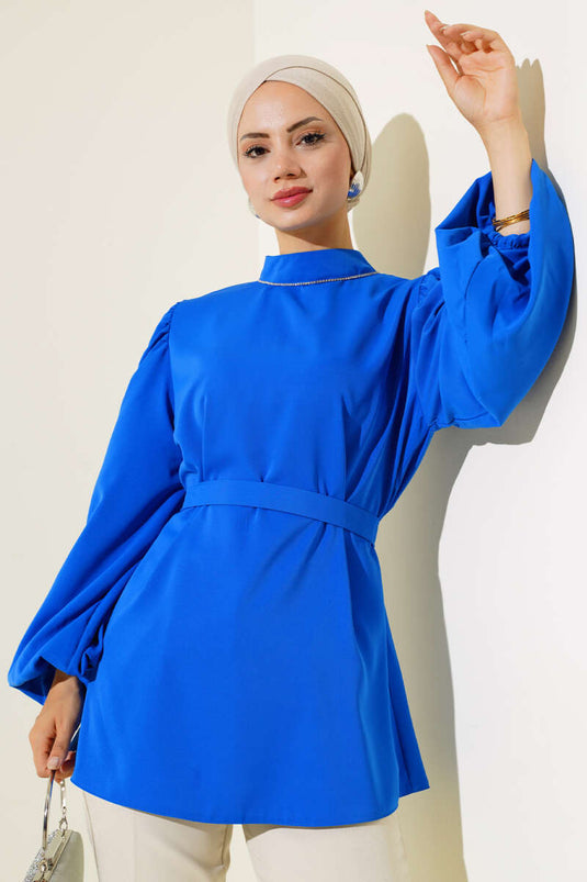 Balloon Sleeve Satin Tunic Royal Blue