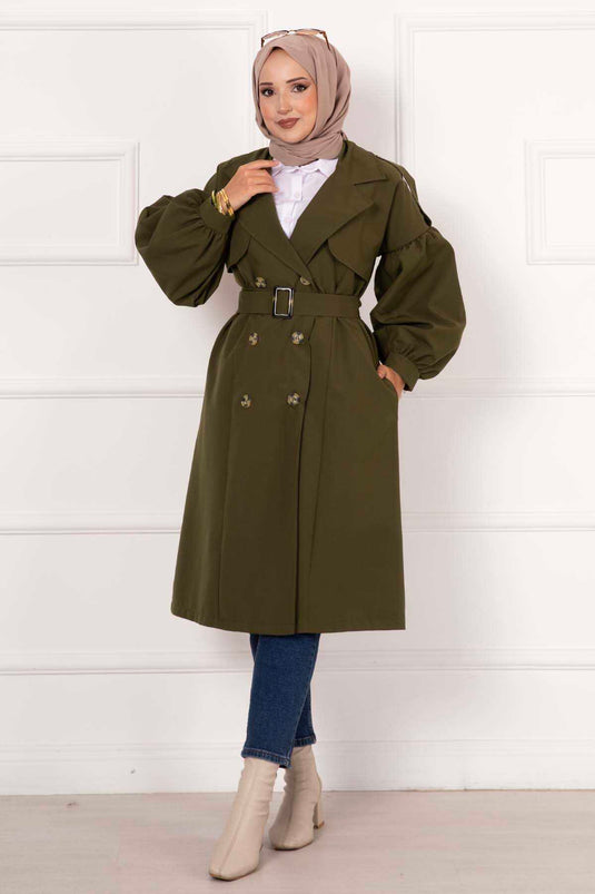 Waterproof Trench Coat with Balloon Sleeves and Belt in Khaki