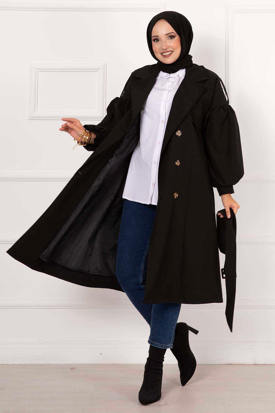 Balloon Sleeve Belted Waterproof Trench Black