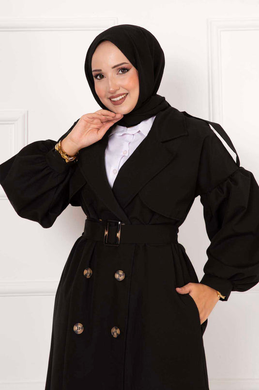 Balloon Sleeve Belted Waterproof Trench Black