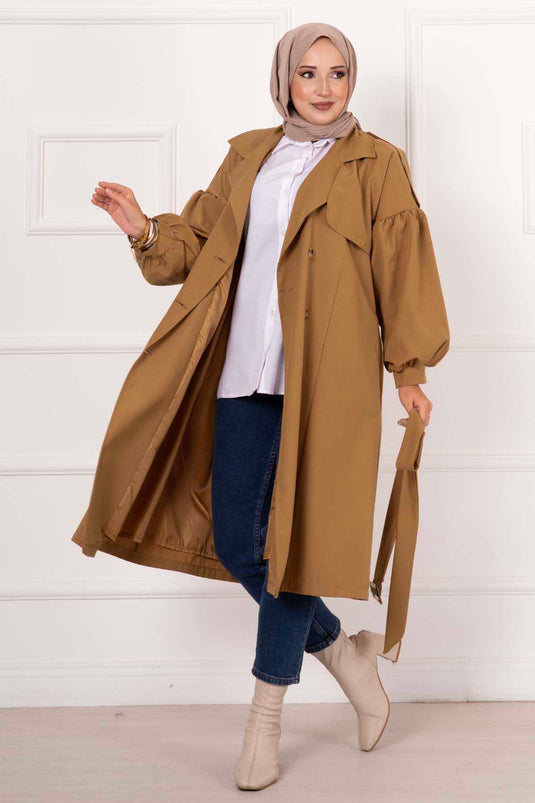 Waterproof Trench Coat with Balloon Sleeves and Belt in Tan