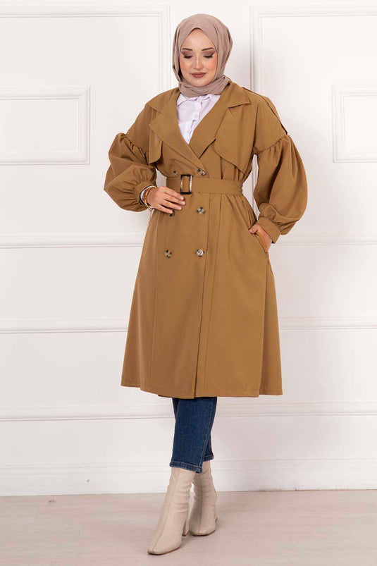 Manchon ballon avec ceinture mobile Trench imperméable Tan