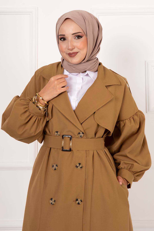 Waterproof Trench Coat with Balloon Sleeves and Belt in Tan