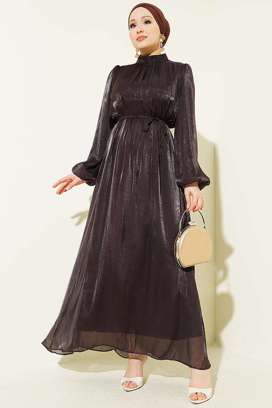 Robe de soirée en chiffon à manches ballon couleur café
