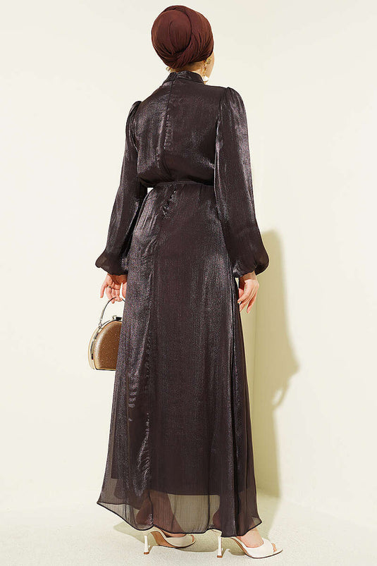 Robe de soirée en chiffon à manches ballon couleur café