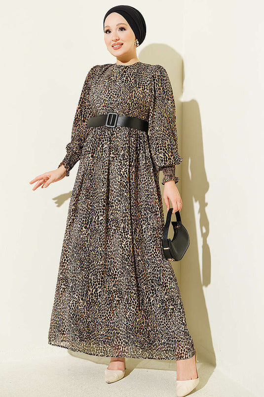 Leopard Chiffon Kleid Mit Ballonärmeln