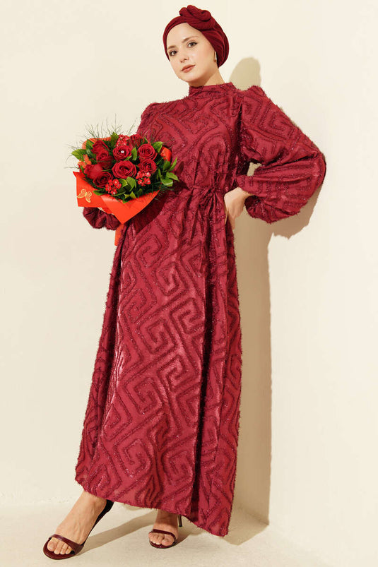 Balon Kol Sim Sakallı Abiye Elbise Bordo