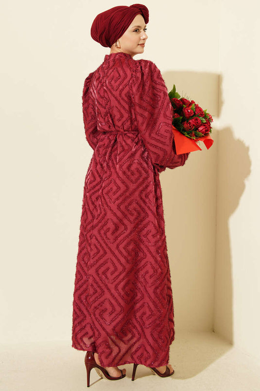 Balon Kol Sim Sakallı Abiye Elbise Bordo