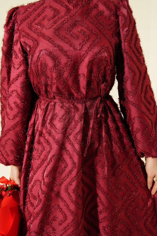 Balon Kol Sim Sakallı Abiye Elbise Bordo