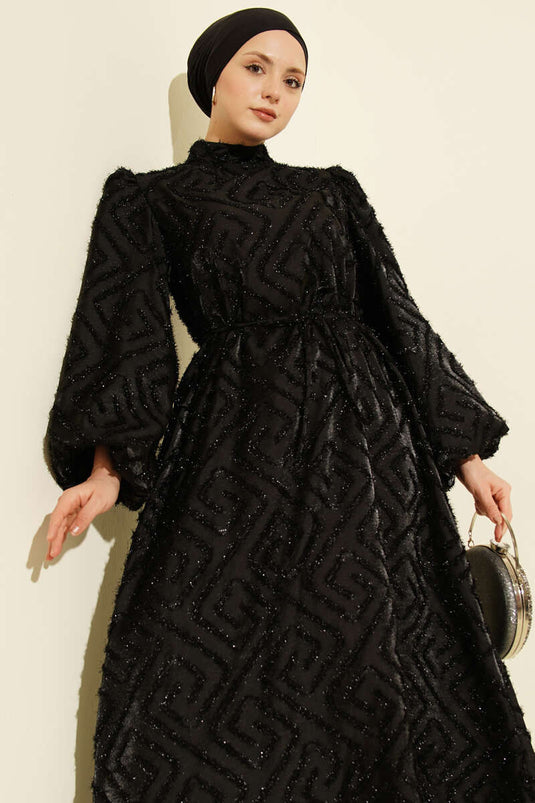 Balon Kol Sim Sakallı Abiye Elbise Siyah