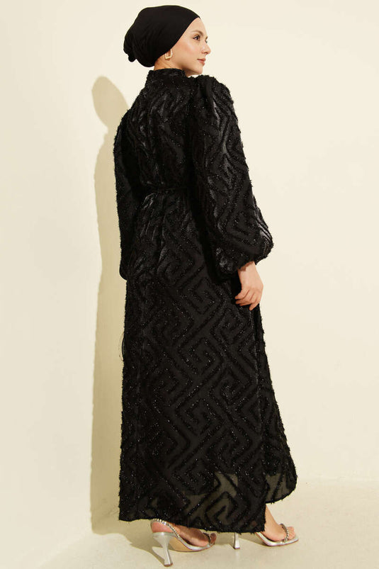 Balon Kol Sim Sakallı Abiye Elbise Siyah