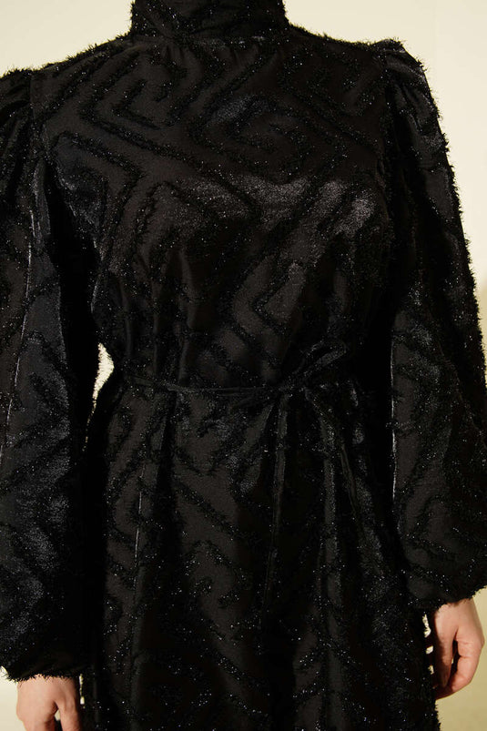 Balon Kol Sim Sakallı Abiye Elbise Siyah