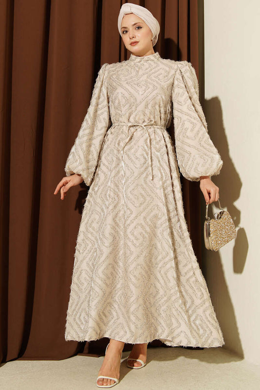 Balloon Sleeve Glittery Evening Dress with Beads