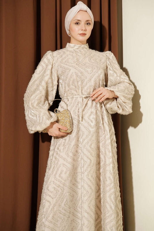 Balloon Sleeve Glittery Evening Dress with Beads