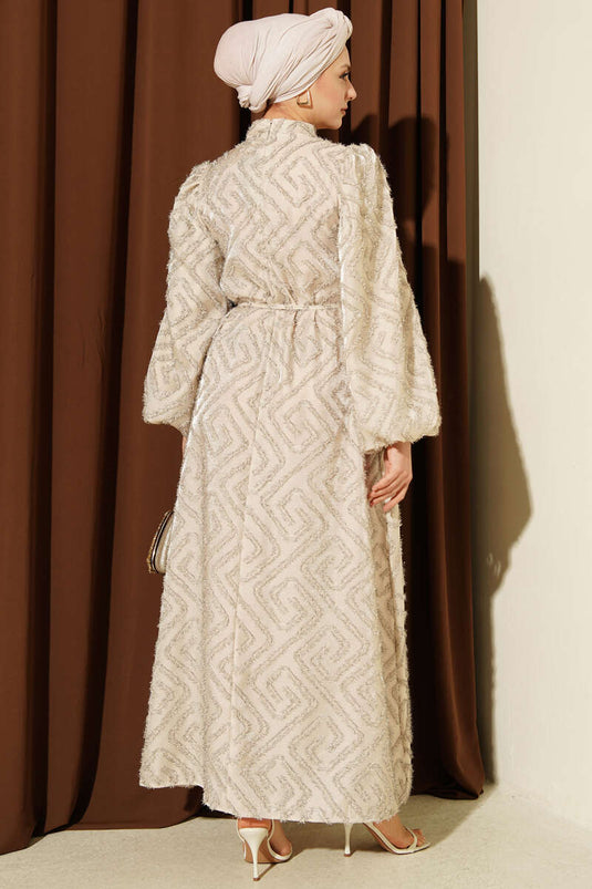 Balloon Sleeve Glittery Evening Dress with Beads