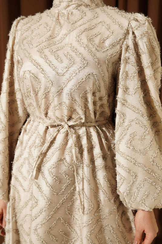 Balloon Sleeve Glittery Evening Dress with Beads