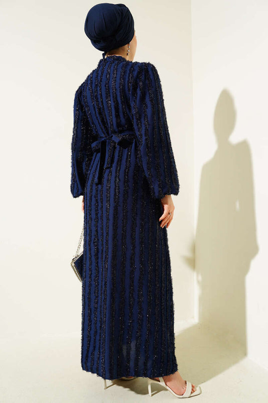 Balloon Sleeve Glitter Bearded Dress Navy Blue