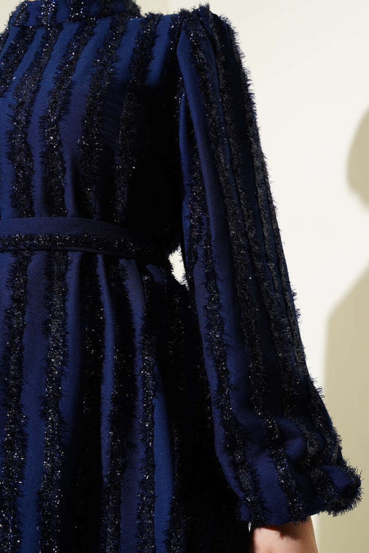 Balloon Sleeve Glitter Bearded Dress Navy Blue