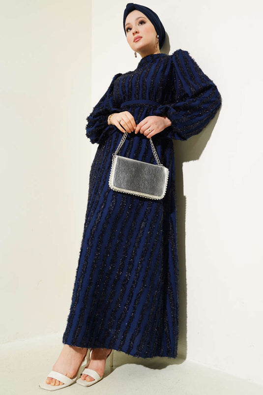 Balloon Sleeve Glitter Bearded Dress Navy Blue