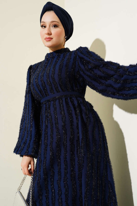 Balloon Sleeve Glitter Bearded Dress Navy Blue