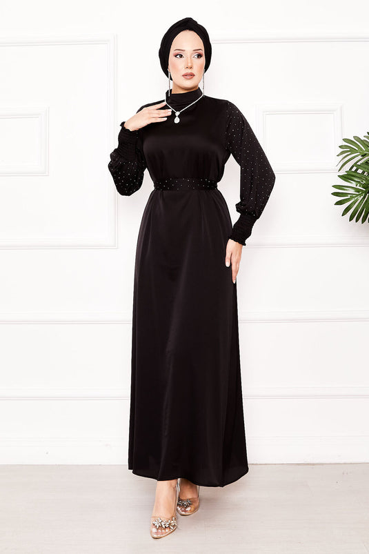 Balloon Sleeve Stone Detailed Hijab Dress Black