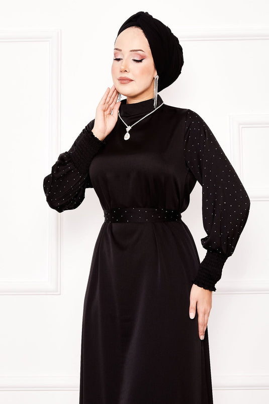 Balloon Sleeve Stone Detailed Hijab Dress Black