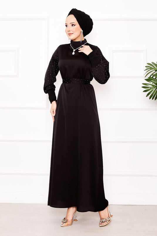 Balloon Sleeve Stone Detailed Hijab Dress Black