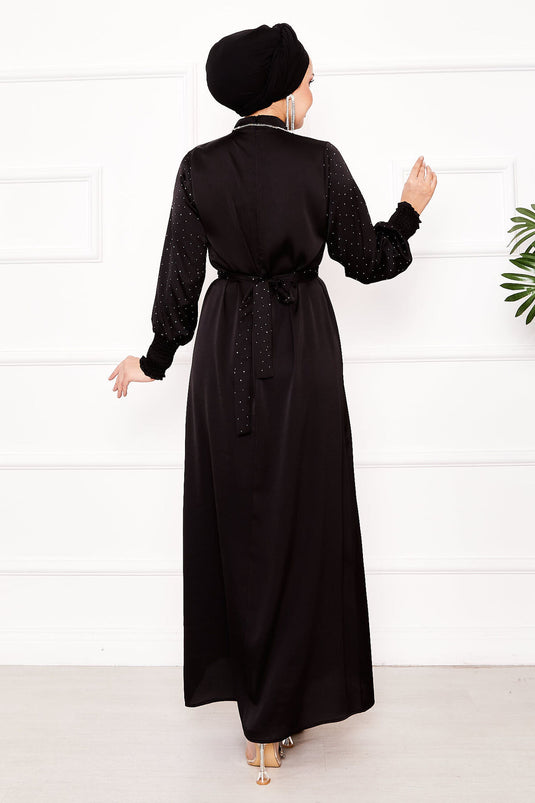 Balloon Sleeve Stone Detailed Hijab Dress Black