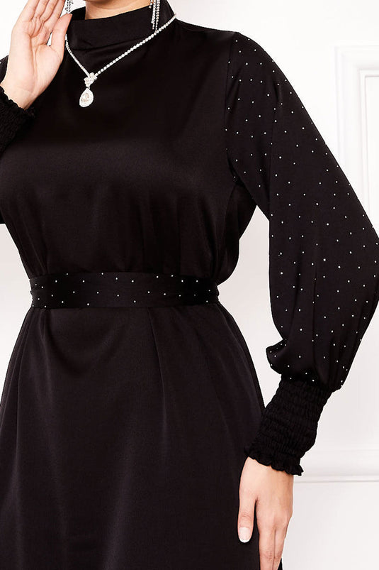 Balloon Sleeve Stone Detailed Hijab Dress Black