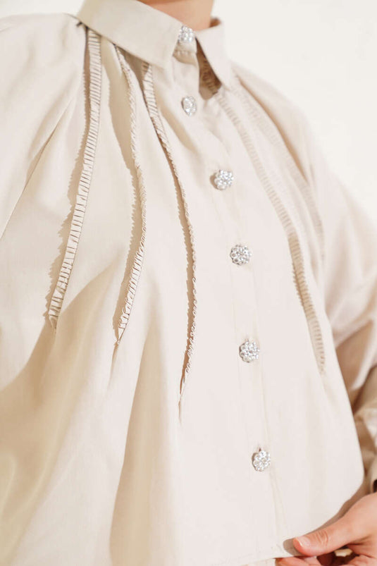 Balon Kol Taş Düğmeli Kısa Gömlek Bej