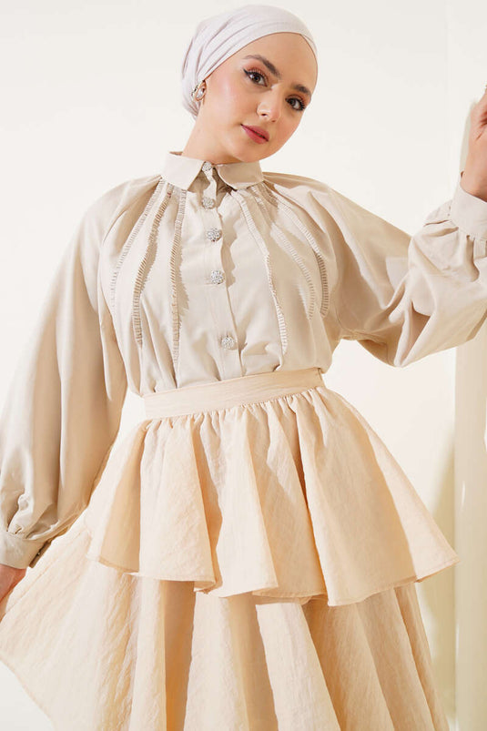 Balon Kol Taş Düğmeli Kısa Gömlek Bej