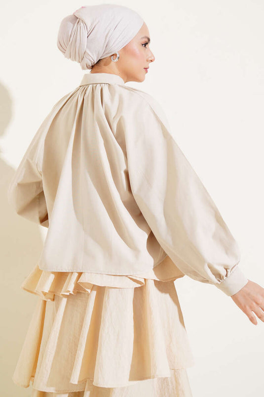 Balloon Sleeve Stone Button Short Shirt Beige