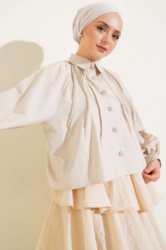 Balloon Sleeve Stone Button Short Shirt Beige