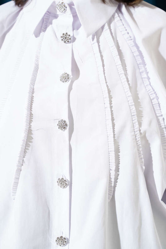 Balloon Sleeve Stone Button Short Shirt White