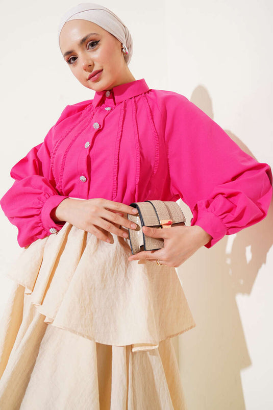 Balloon Sleeve Stone Button Short Shirt Fuchsia