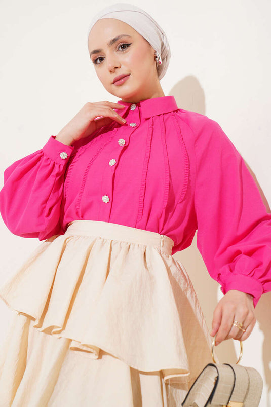 Balloon Sleeve Stone Button Short Shirt Fuchsia