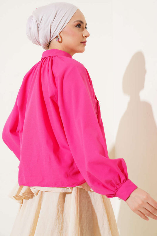 Balloon Sleeve Stone Button Short Shirt Fuchsia