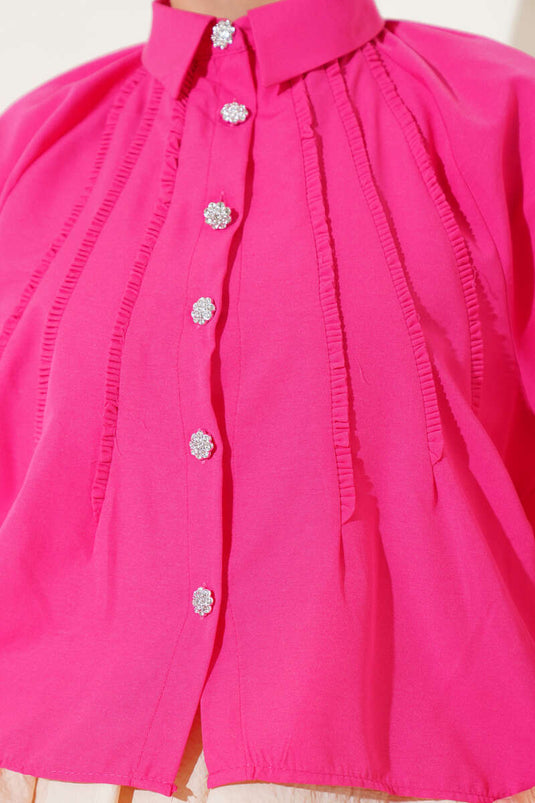 Balloon Sleeve Stone Button Short Shirt Fuchsia