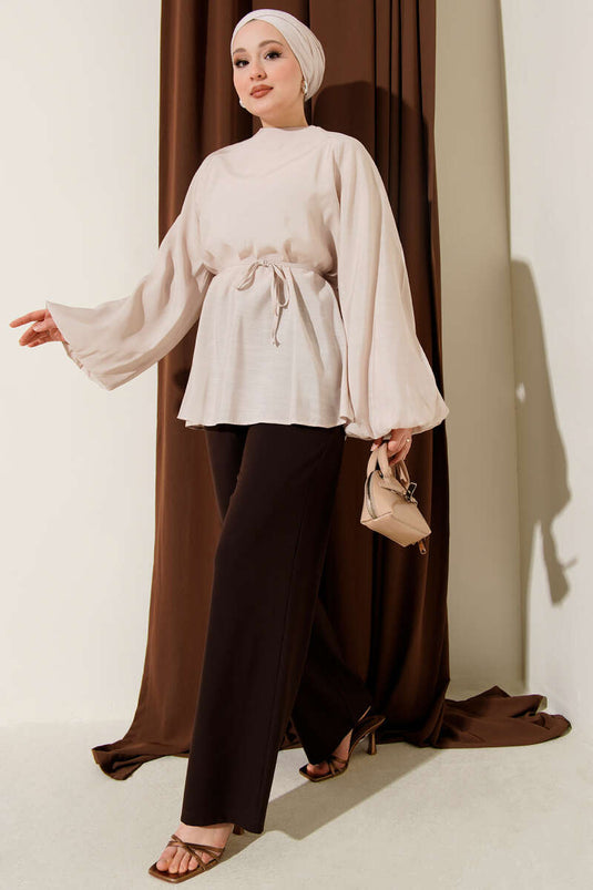 Balloon Sleeve Tencel Tunic Beige