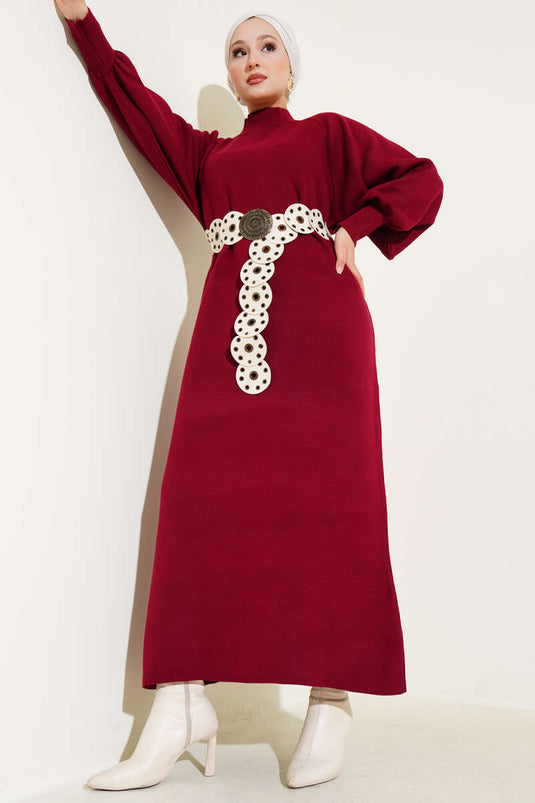 Robe En Maille Bordeaux À Manches Ballon
