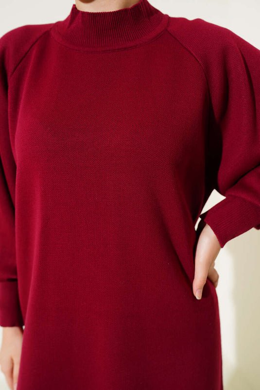 Robe en maille à manches ballon bordeaux